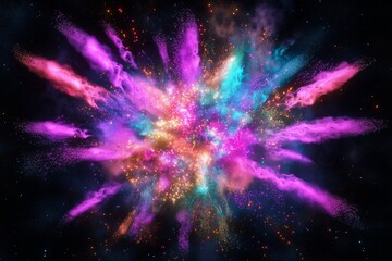 Clubs of multicolored neon smoke, ink. An explosion, a burst of holi paint. Abstract psychedelic pastel light background. 3D rendering. AI generated.