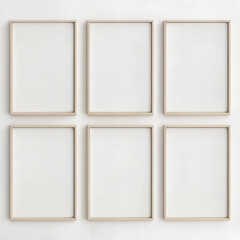 Six blank wooden frames in a symmetrical vertical arrangement.