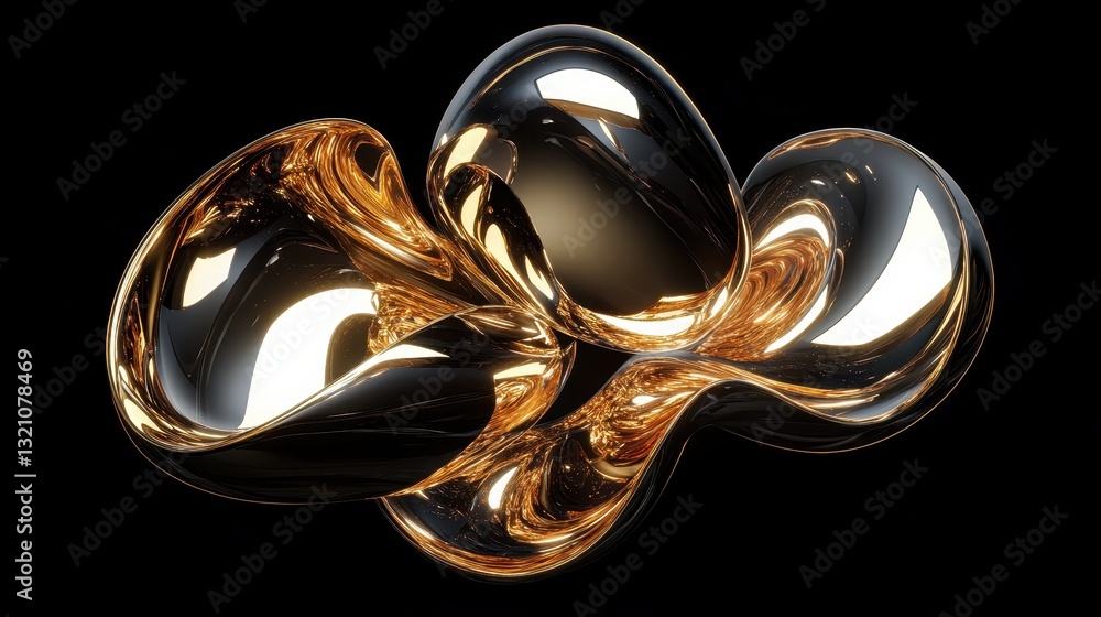 Poster abstract golden metal flow dynamic 3d render with reflective surfaces on black background.