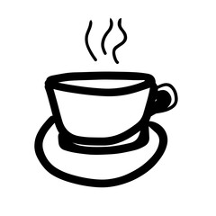 Simple line drawing of a steaming coffee cup on a saucer.