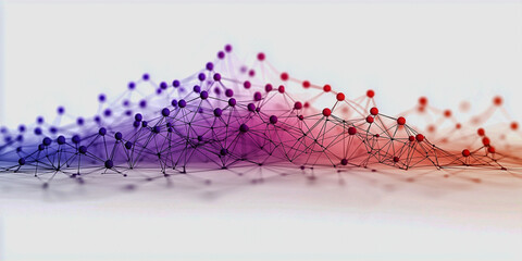 An abstract depiction of interconnected nodes and lines, showcasing a gradient of colors from purple to red, representing data or network patterns.