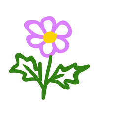 A simple illustration of a purple flower with a yellow center and green leaves, set against a plain white background.
