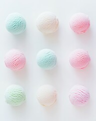 Pastel Ice Cream Scoops Pattern on White Background, Top View
