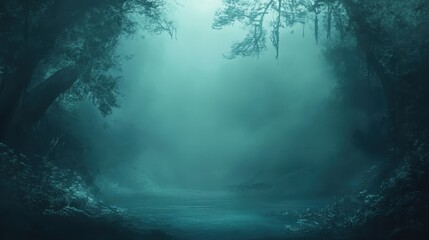Mystical Teal Forest Landscape with Foggy Lake and Overhanging Trees.