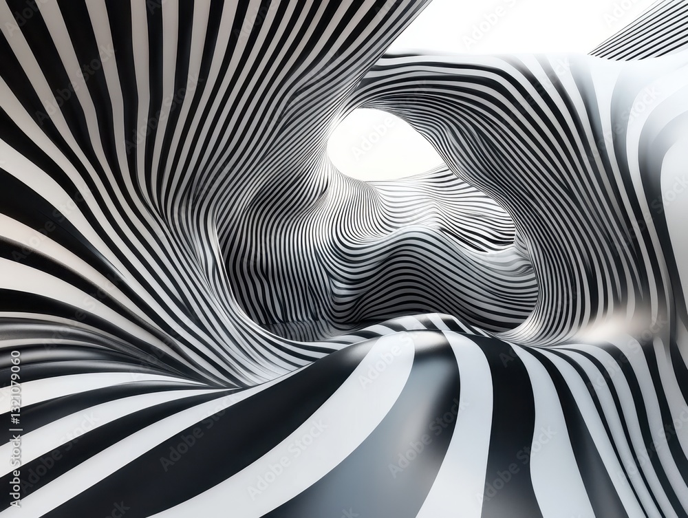 Poster abstract 3d black and white striped wave structure with open space.