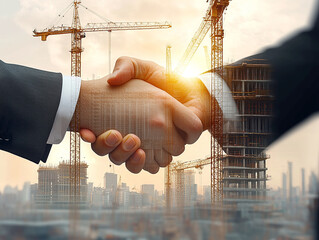 A strong business handshake symbolizing a major deal and agreement for a building project highlighting construction partnership that leads to sustainable growth and corporate success