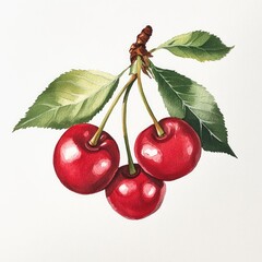Watercolor painting of three cherries on a branch