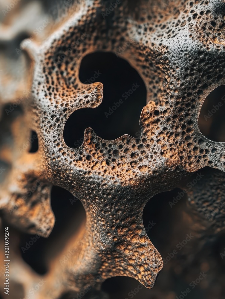 Poster intricate close-up of porous coral structure with warm tones and deep shadows