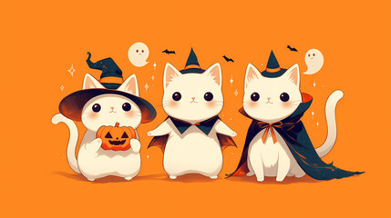 Fototapeta premium Three adorable cartoon cats dressed in Halloween costumes, set against an orange background with spooky elements