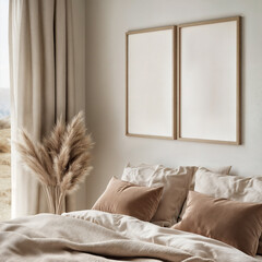 Two blank frames above a bed in a neutral, cozy bedroom.