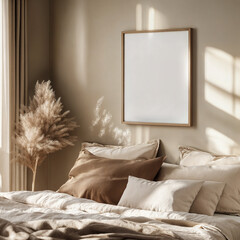 Single blank frame above a bed in a warm, neutral setting.