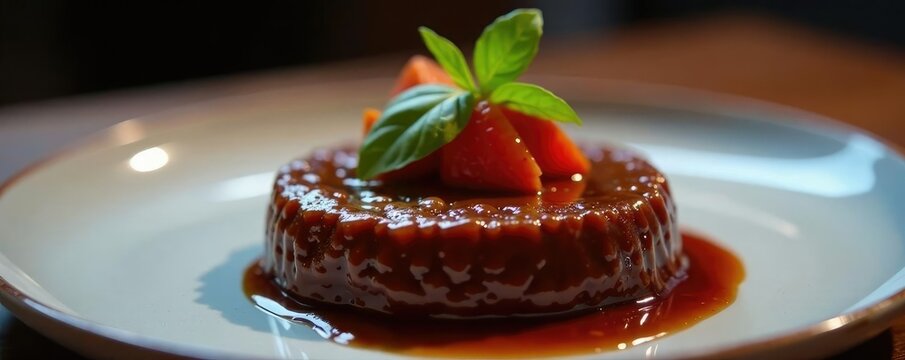 Sous vide mole sauce seeping from a crystal glass, molecular gastronomy, sous vide, chocolate