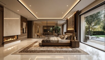 Modern Master Bedroom with Fireplace & Outdoor View