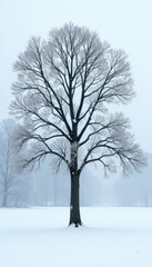 Fototapeta premium Tree in winter with bare branches and snow-covered leaves on a pure white ground, tree, frozen landscape