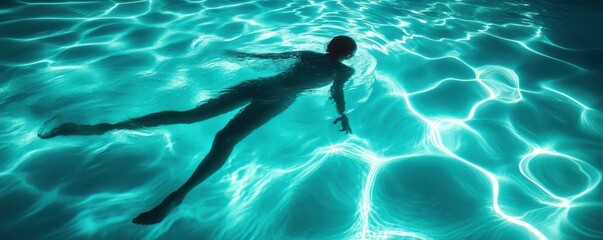 Silhouetted swimmer in luminous pool with rippling water patterns