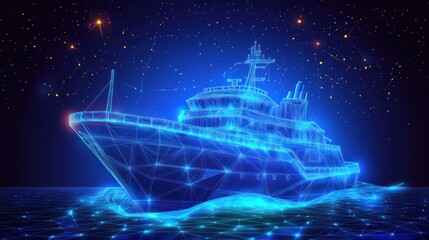 Digital Luxury Yacht on Cyber Ocean Against Starry Sky Background