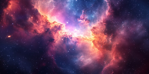 A vibrant nebula ignites the cosmos with swirling hues of pink, purple, and gold. Ethereal clouds of gas and dust form a celestial masterpiece, illuminated by distant stars in deep space.