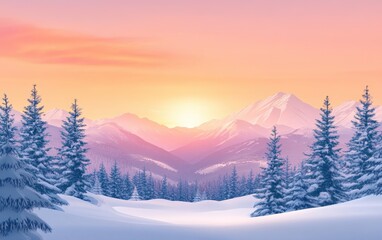 Serene Winter Landscape Snow-Covered Mountains, Pine Forest, and Sunrise Sky.