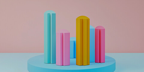 Obraz premium A colorful arrangement of cylindrical blocks on a circular base against a pastel background, creating a modern, minimalist aesthetic.