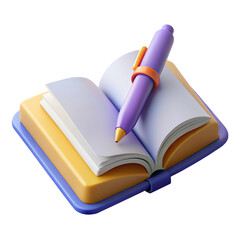 Open book, pen, notebook, study materials, pastel colors, education concept, 3D render, detailed illustration, back to school 3D illustration