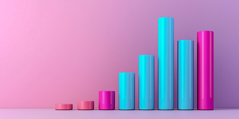 A colorful bar chart rises against a gradient background, illustrating data trends with vibrant cylindrical shapes.