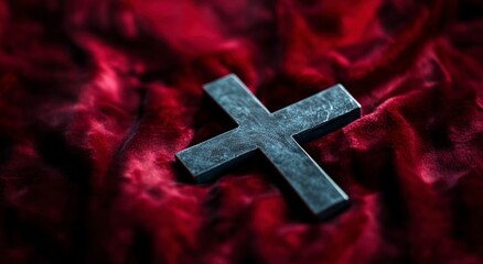 Metal Christian Cross Resting on Deep Red Velvet Background Symbol of Faith