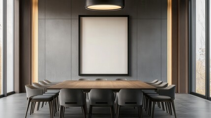 Modern Minimalist Conference Room with Blank Canvas, Wooden Table, and Natural Light.