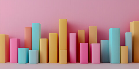 A colorful arrangement of 3D bar graphs against a pink background, illustrating data visualization concepts in a vibrant and playful manner.