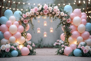 Dreamy and romantic event backdrop featuring a floral arch with pastel roses, soft glowing lanterns, and elegant balloons, perfect for weddings, baby showers, or celebrations