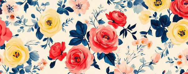 Fototapeta premium Colorful floral pattern with red, yellow, and blue flowers on cream background