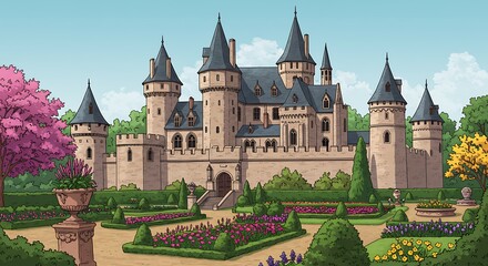 Charming Castle Illustration Surrounded by Colorful Gardens and Green Trees