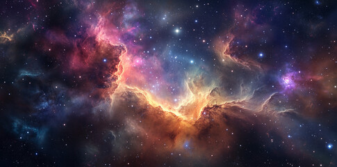 Fototapeta premium A breathtaking nebula unfolds in fiery oranges, deep blues, and cosmic purples, surrounded by countless stars. Swirling interstellar clouds form a celestial masterpiece, glowing in the vast.