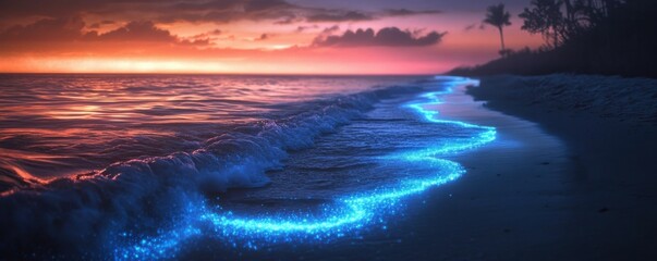 Bioluminescent waves on tropical beach at sunset with glowing ocean and vibrant sky