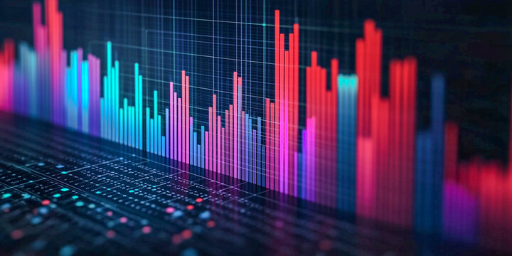 A vibrant, abstract representation of data visualization featuring colorful bar graphs and lines on a dark background. - Powered by Adobe