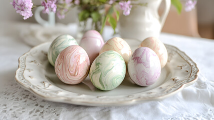 Pastel marbled Easter eggs with a stunning blend of light pink, green, and lavender, artfully arranged on a vintage ceramic tray for a classic Easter display.
