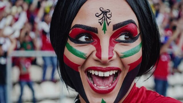 Excited Libyan woman with artistic face paint in Libya national colors cheering at a sports stadium, passionate football supporter  
