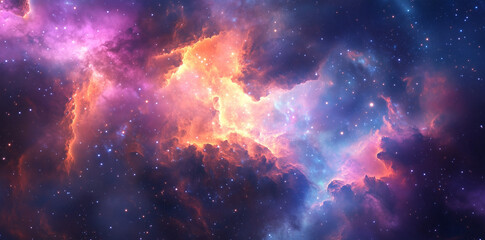 Naklejka premium A radiant nebula glows in fiery oranges, deep purples, and ethereal blues, scattered with twinkling stars. Cosmic dust swirls in a celestial ballet, forming a mesmerizing, otherworldly expanse.