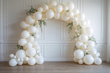 Modern and sophisticated event backdrop featuring an elegant white balloon arch with delicate greenery, perfect for weddings, engagements, and upscale celebrations.