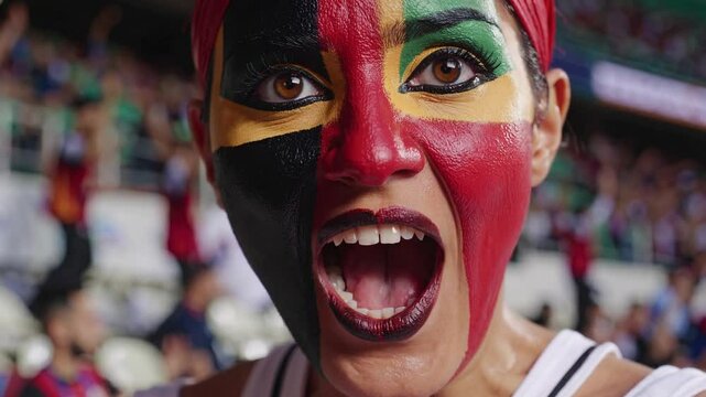 Smiling Libyan woman with vibrant face paint in Libya national colors at a sports stadium, passionate football supporter  
