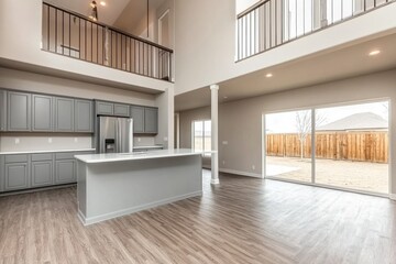 Modern open-concept kitchen, empty, with upstairs balcony, backyard view