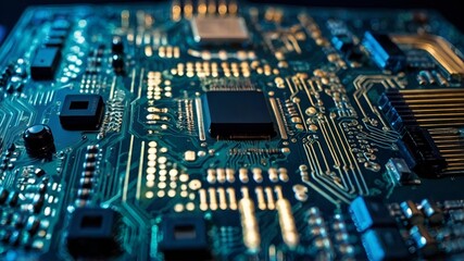 Obraz premium close up of a circuit board, Circuit board, microchip, electronic components, blue glow, macro photography, intricate details, technology, futuristic, cyberpunk aesthetic, high-tech, computer hardware
