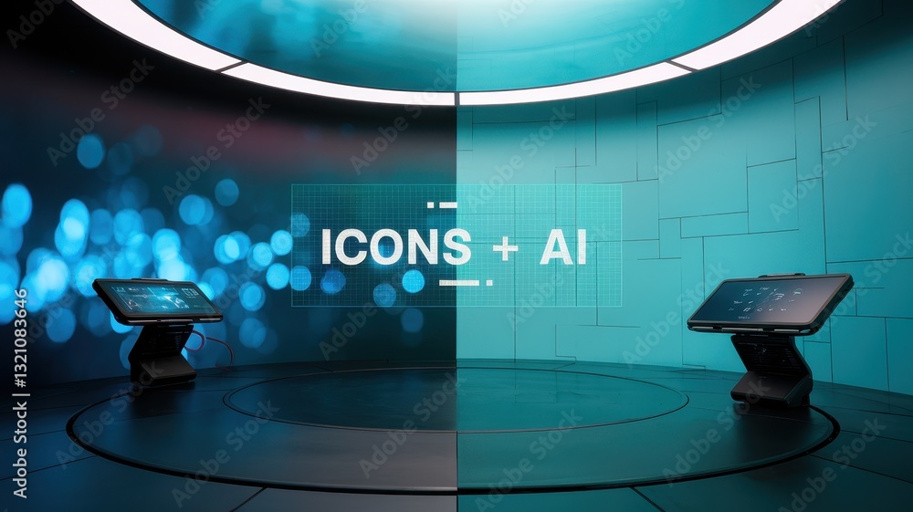 Poster futuristic icons and ai interface in a modern technological setting