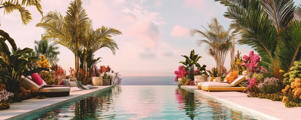 Fototapeta premium Luxurious tropical poolside at sunset with palm trees and ocean view