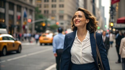 Fototapeta premium Confident Businesswoman Walking on Busy City Street in Professional Attire