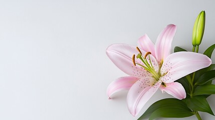Fototapeta premium Delicate pink lily blossom with bud, elegant simplicity