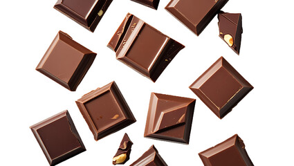 Fototapeta premium Rich Dark Chocolate Bars and Pieces - High-Quality Cocoa Confectionery with Smooth Texture and Glossy Surface on White Background