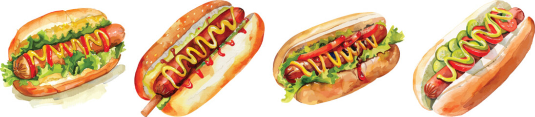 Hot Dog Vector Illustration Set, Isolated on White Background