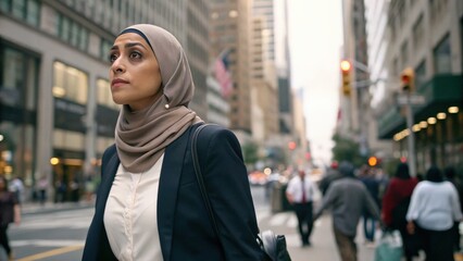 Obraz premium Confident Muslim Businesswoman Walking in Urban Cityscape, Professional Attire