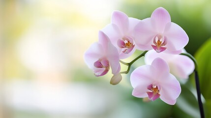 Fototapeta premium Delicate pink orchids bloom softly against a blurred background