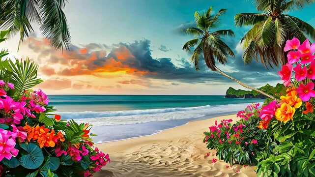 Beautiful tropical beach with flowers and palm trees at sunset for idyllic vacation getaway.